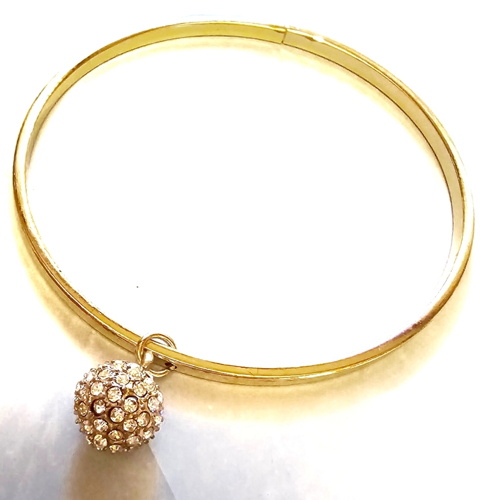 Rhinestone Charm Gold Tone Bangle